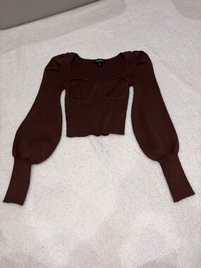 Brown Ribbed Puff-Sleeve Crop Top